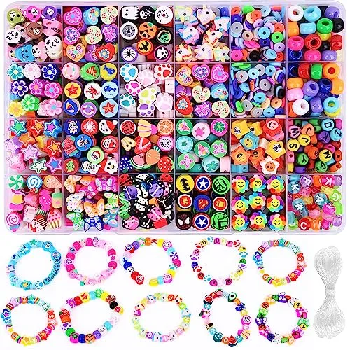 1000PCS Polymer Clay Beads Bracelet Making kit, 24 Style Cute Fun Beads Sports Ball Beads Baseball Basketball Soccer Rugby Volleyball Football Charms for Jewelry Making DIY Accessories for Women Girls