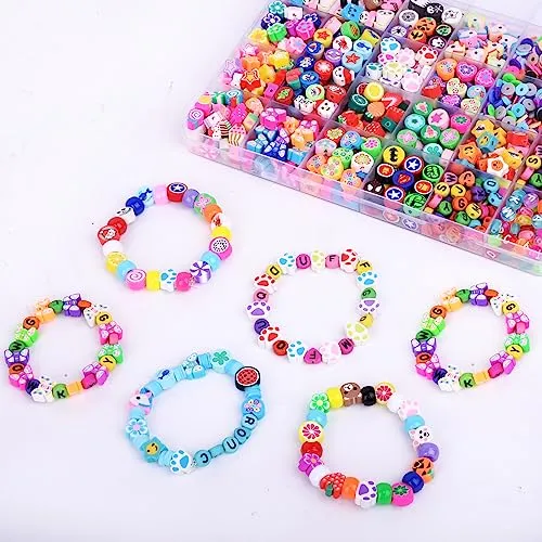 1000PCS Polymer Clay Beads Bracelet Making kit, 24 Style Cute Fun Beads Sports Ball Beads Baseball Basketball Soccer Rugby Volleyball Football Charms for Jewelry Making DIY Accessories for Women Girls