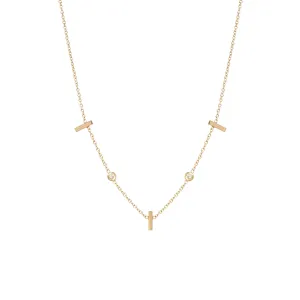 14k 3 Vertical Tiny Bar & Floating Diamond Station Necklace