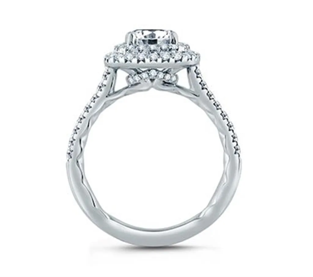 14k White Gold Cushion Double Halo and Hidden Halo Engagement Ring Mounting