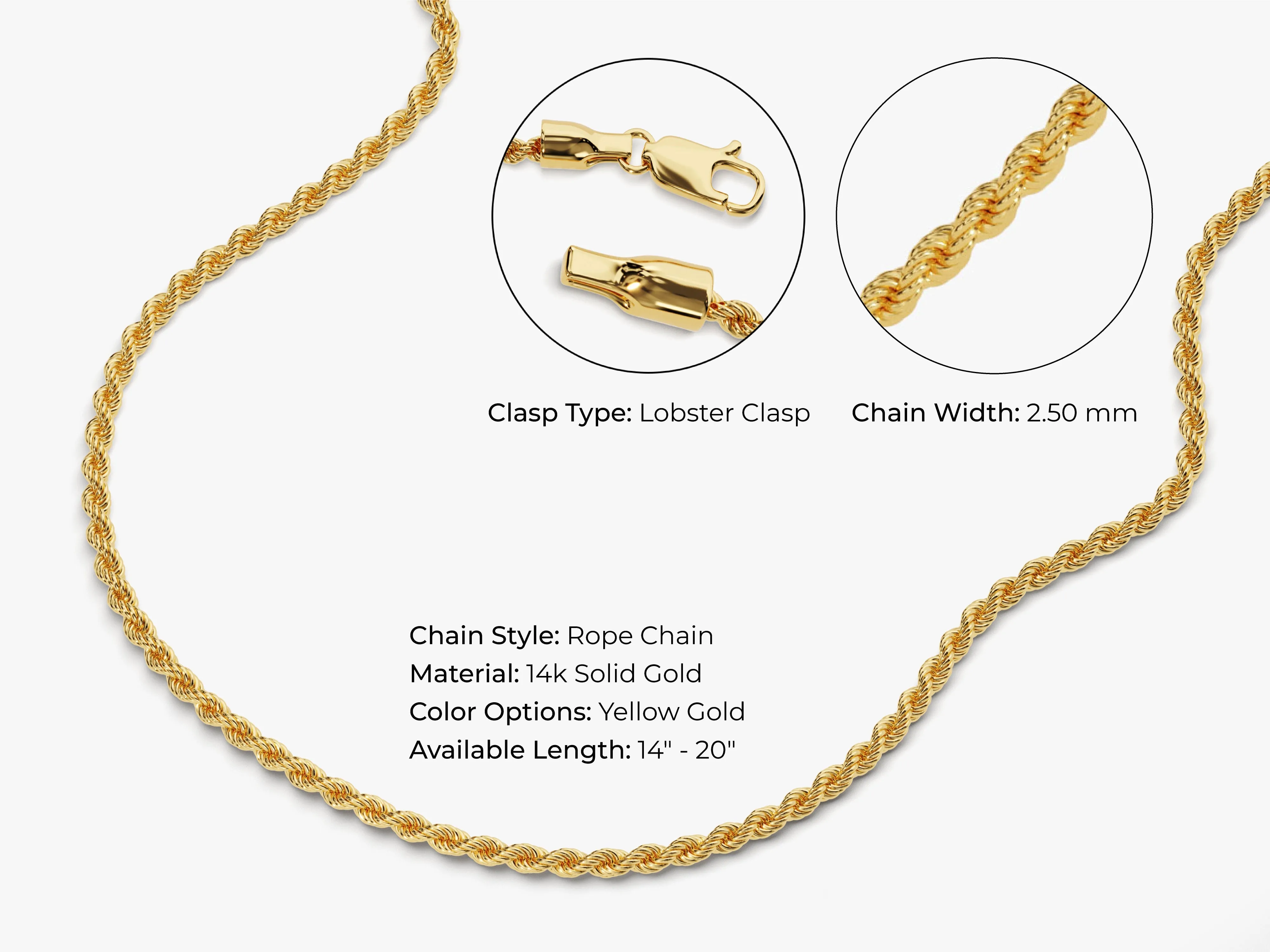 14k Yellow Gold 2.5mm Rope Chain Necklace