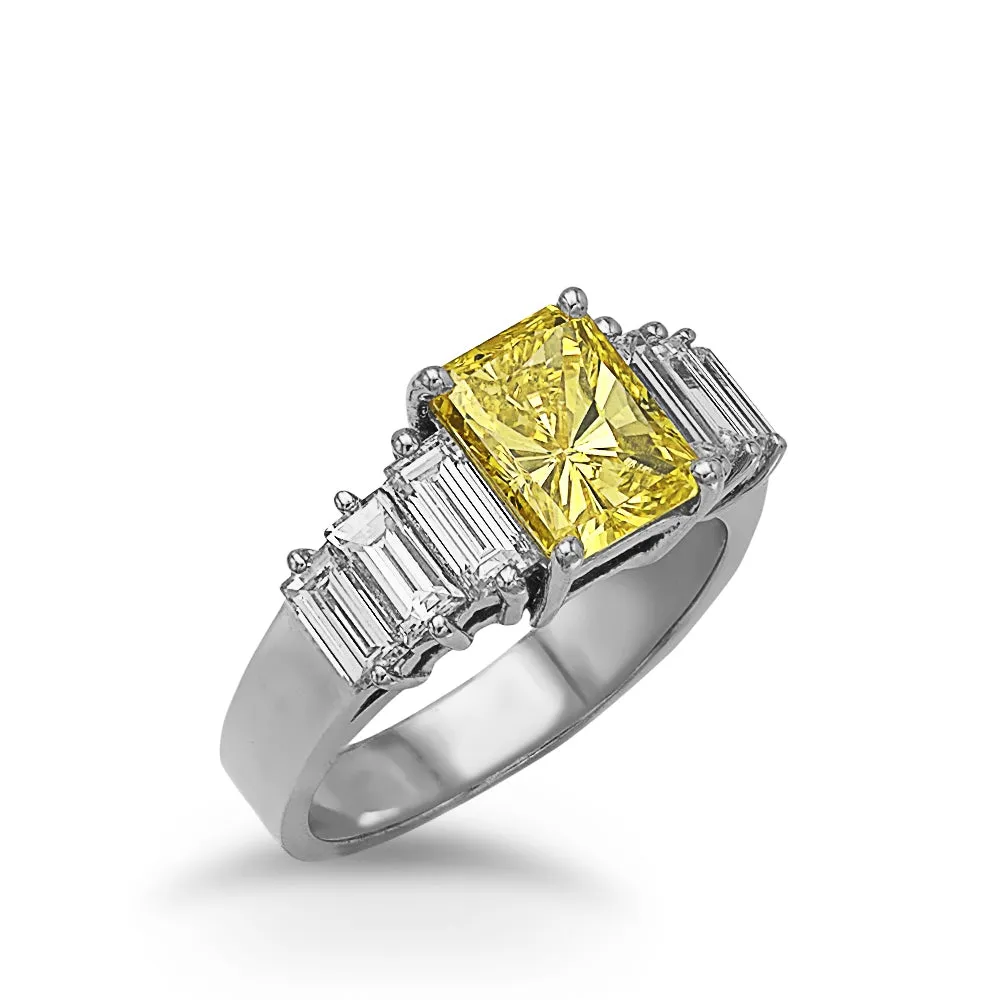 14Kt White Gold Radiant Fancy Yellow Intense Diamond Ring