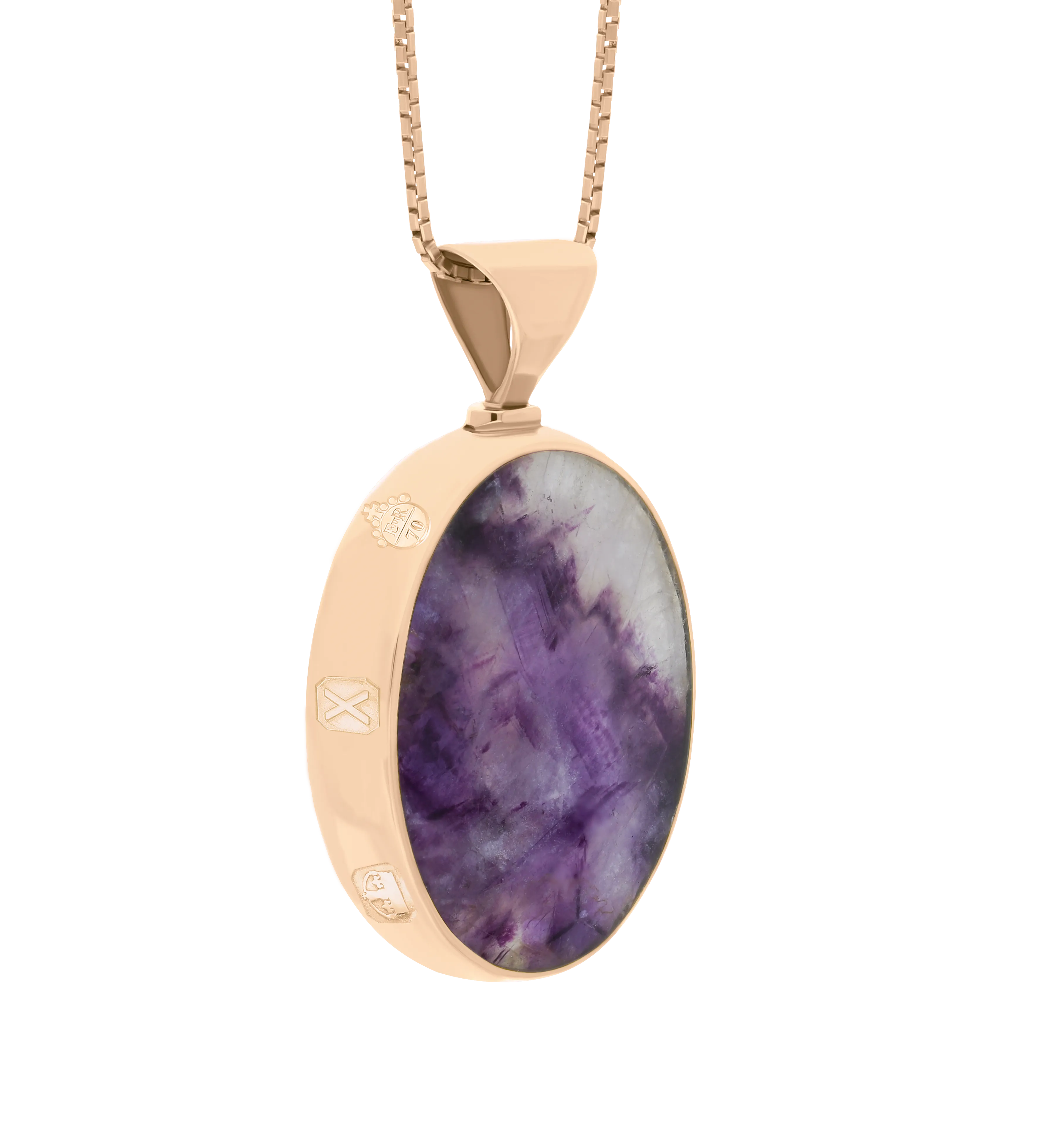 18ct Rose Gold Blue John Mother of Pearl Queens Jubilee Hallmark Double Sided Oval Necklace