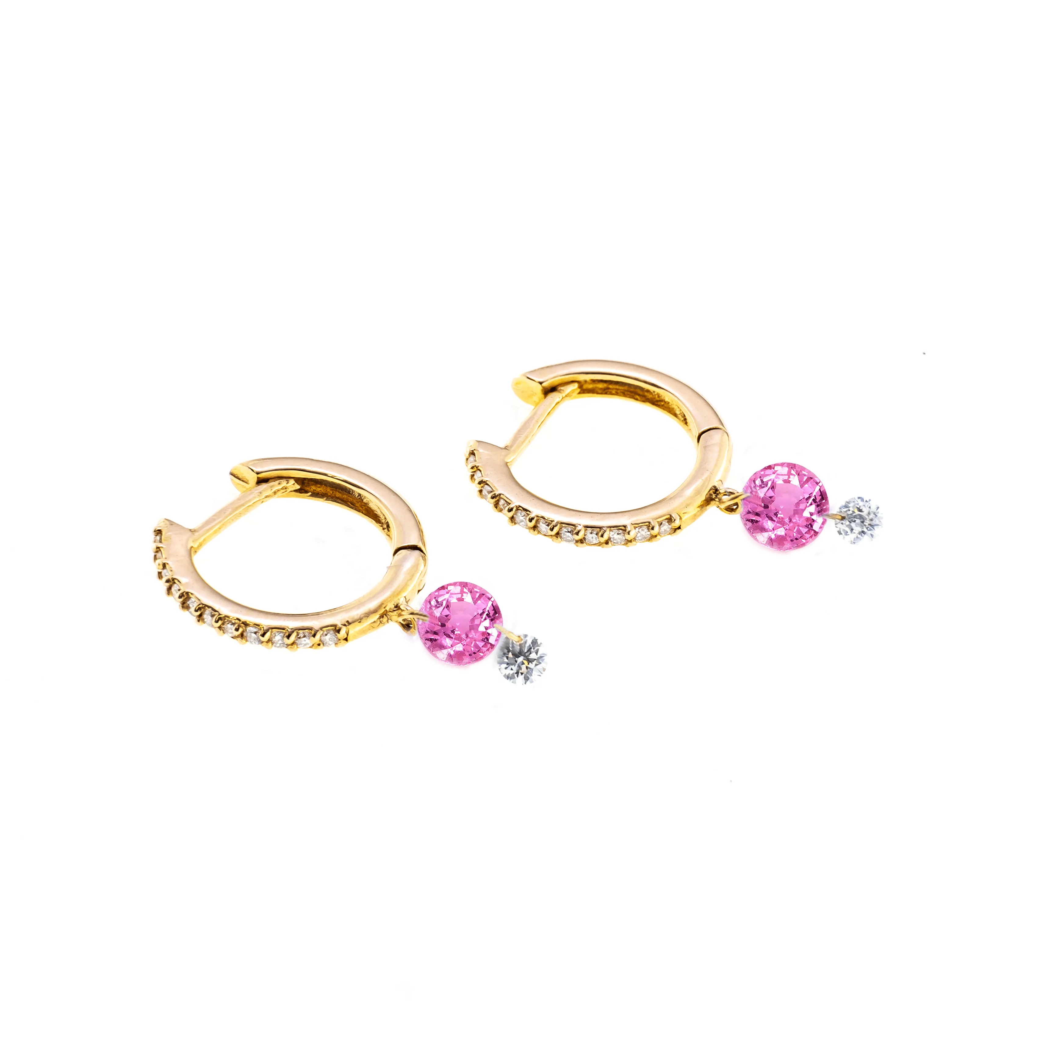 18K Gold Drilled Pink Sapphire an Pave Diamond Huggie Hoops Earrings