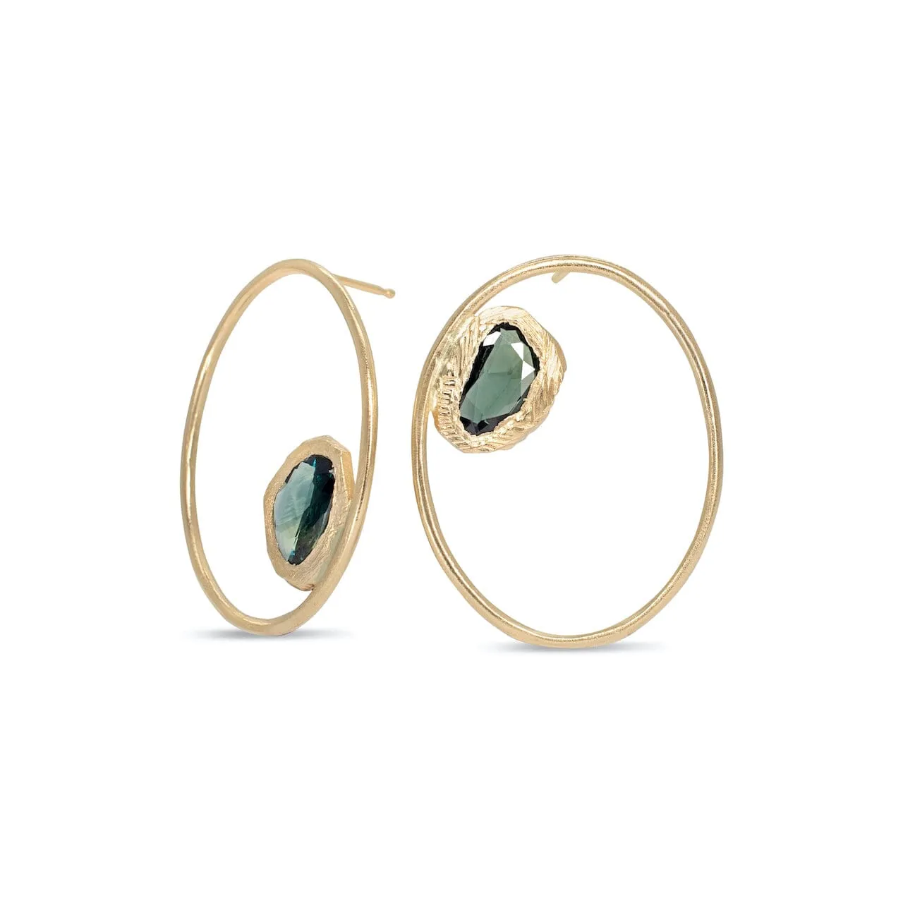 18K Large Open Oval Post Earrings with Green Sapphires