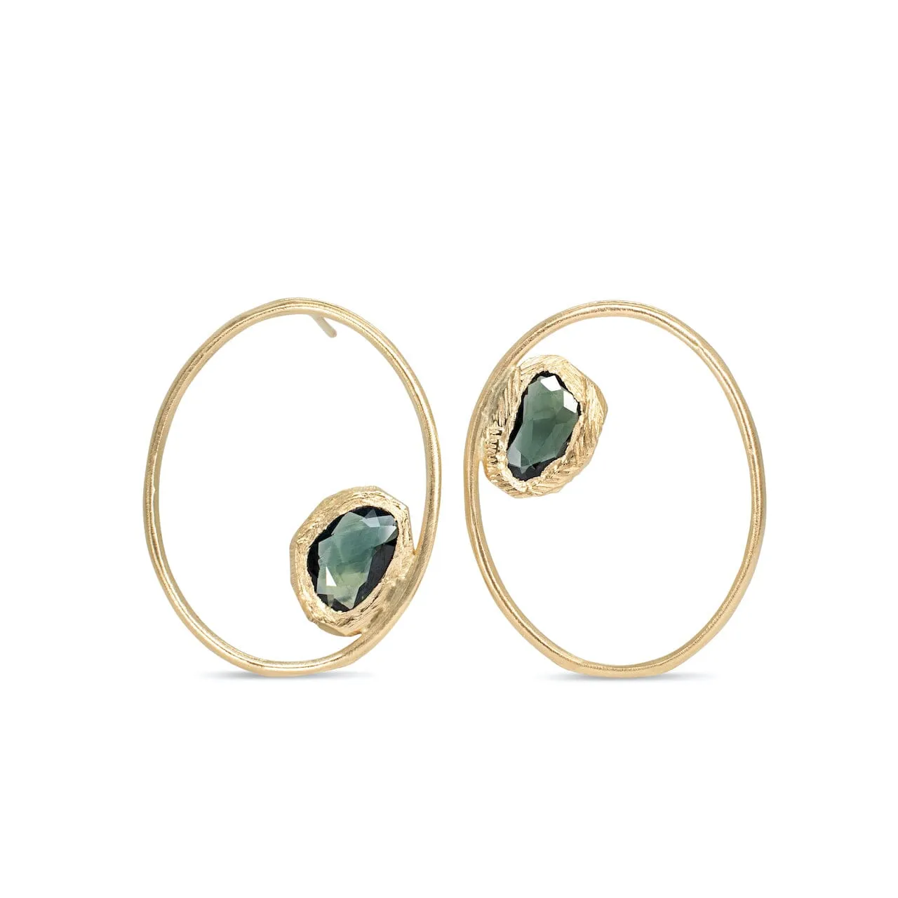 18K Large Open Oval Post Earrings with Green Sapphires