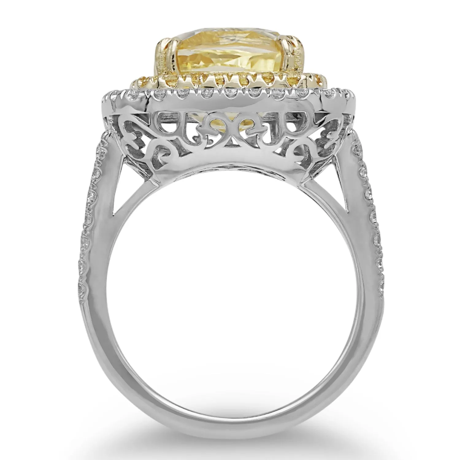 18Kt White Gold Cushion Yellow Sapphire and Diamond Ring