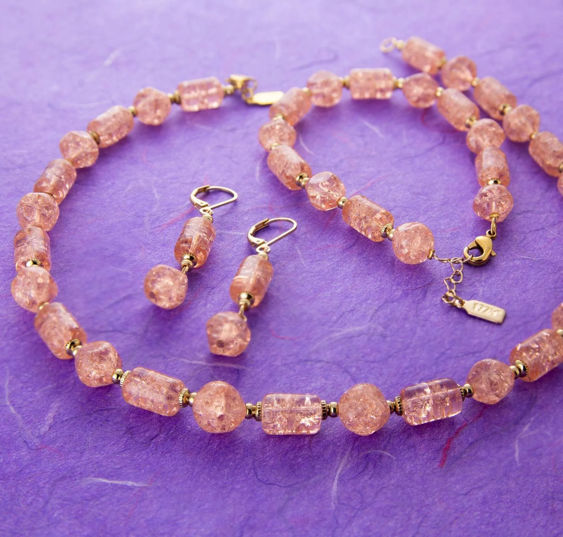 1928 Jewelry Beaded Peach Cracked Glass Bracelet