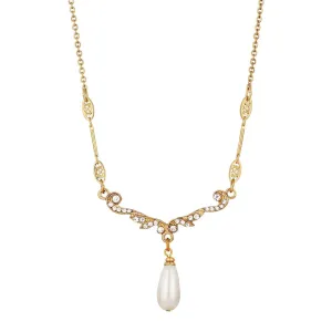 1928 Jewelry Edwardian Teardrop Faux Pearl Crystal Necklace 16"   3" Extender