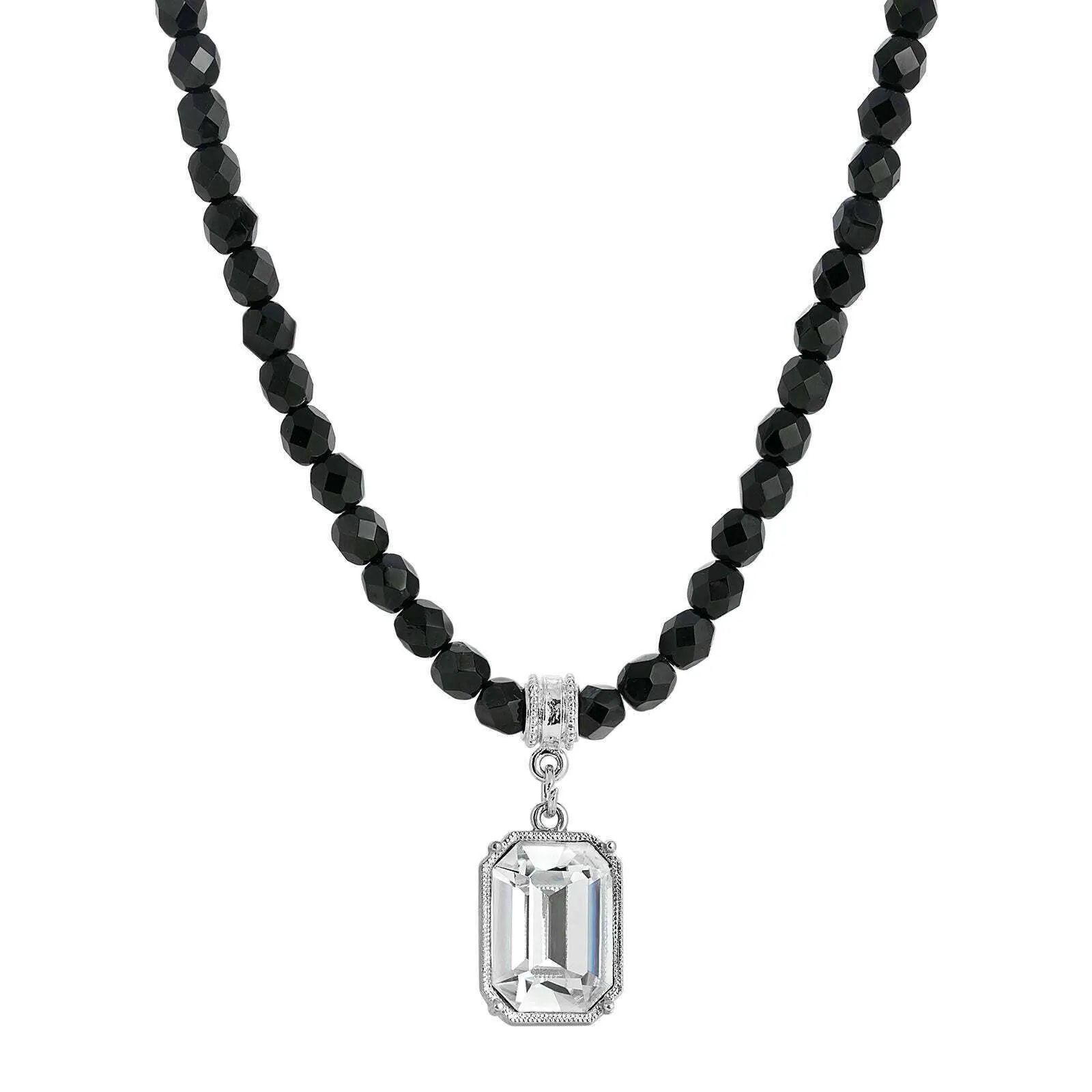 1928 Jewelry Genuine Octagon Austrian Crystal Black Glass Beaded Pendant Necklace 15"   3" Extender