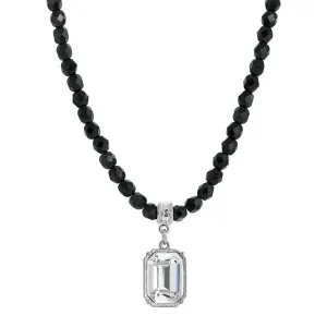 1928 Jewelry Genuine Octagon Austrian Crystal Black Glass Beaded Pendant Necklace 15"   3" Extender