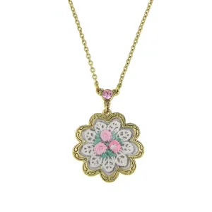 1928 Jewelry Knit Doily Pink Rose Flower Crystal Accent Pendant Necklace, 16   3" Extender