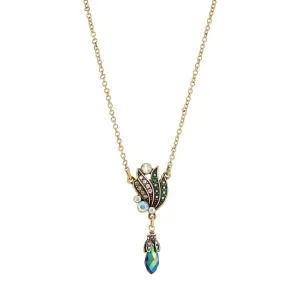 1928 Jewelry Peacock Plumage Art Nouveau Style Blue Iridescent AB Drop Pendant Necklace 16"   3" Extender