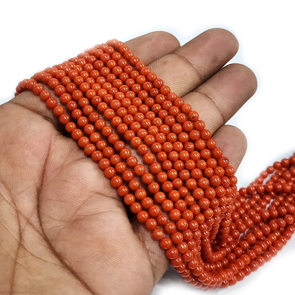 3 MM APPROX SIZE'GENUINE CORAL RED SMOOTH ROUND SHAPE BEADS, APPROX 108-110 BEADS' SOLD BY PER LINE PACK