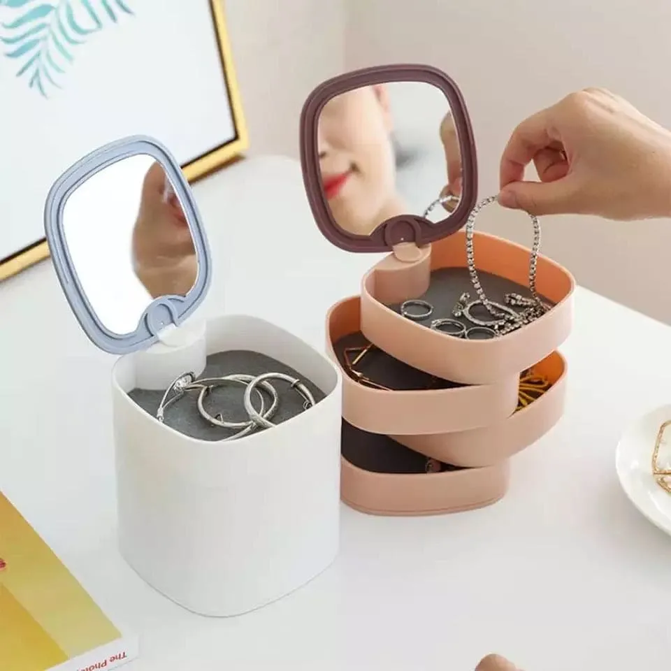 360° Rotatable Jewellery Organizer Box with Mirror, 4 Layer Jewellery Box, Storage Case for Earrings, Necklaces, Bracelets, Rings