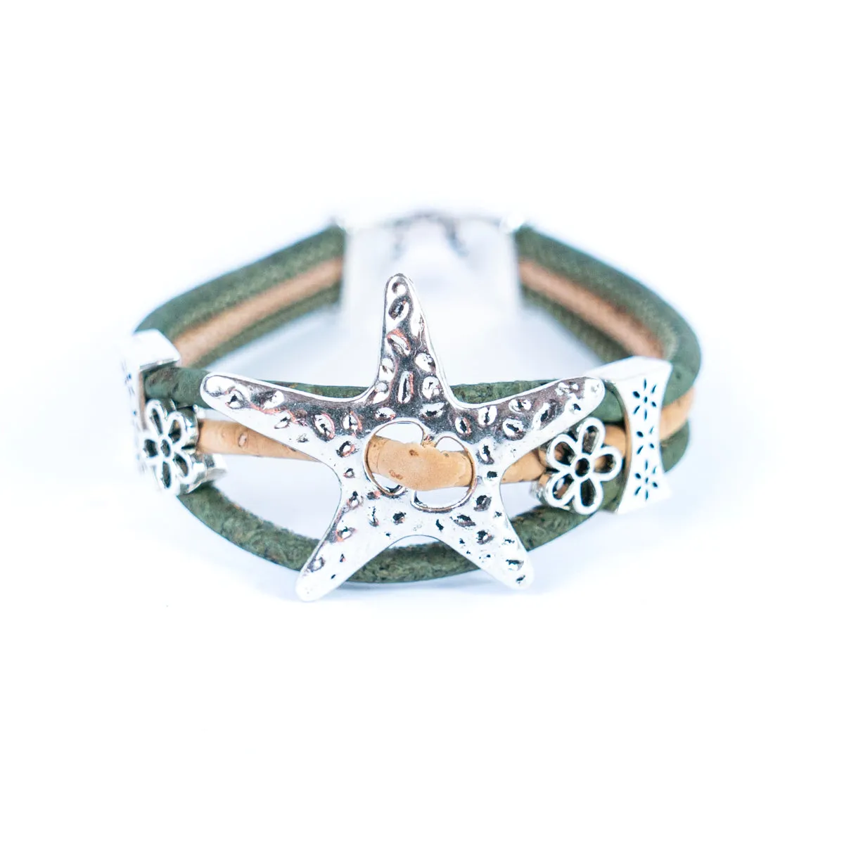 3MM round cork wire and alloy hardware starfish and flowers handmade fashion ladies braceletBR-453-MIX-5