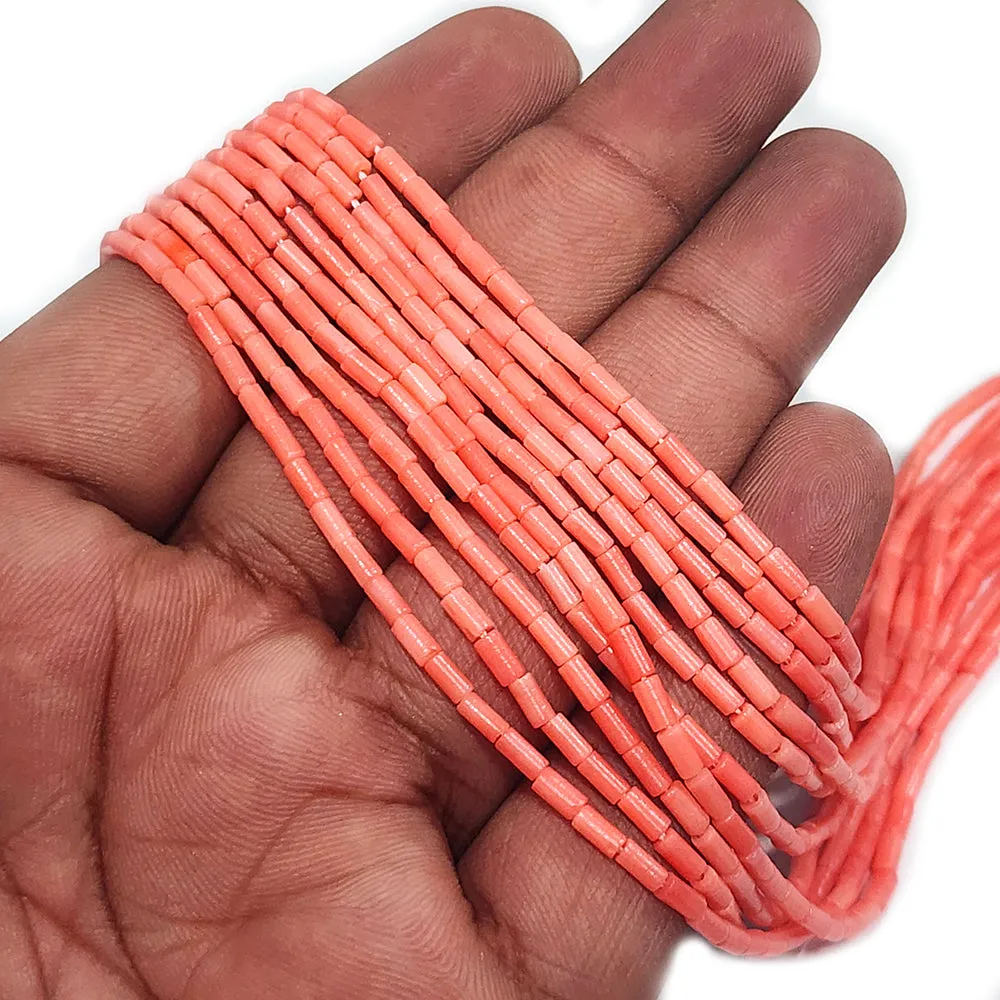 4X2 MM APPROX SIZE'GENUINE CORAL SUNKIST SMOOTH TUBE SHAPE BEADS, APPROX 90-92 BEADS' SOLD BY PER LINE PACK