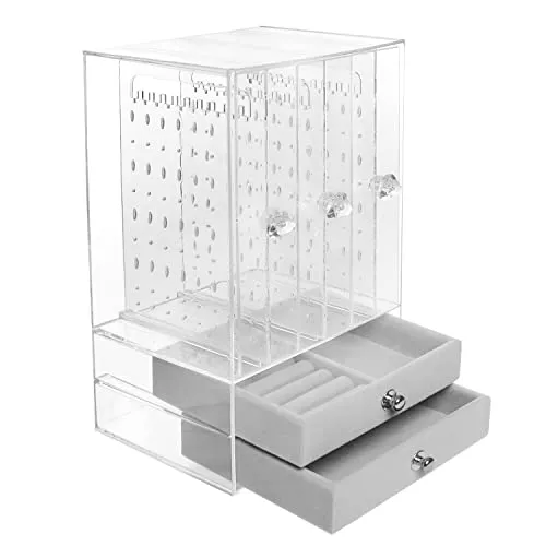 ABOUT SPACE Acrylic Earring Organizer Transparent Cosmetic Jewellery Box - 3 Layer Vertical Rack with Removable 2 Drawers (L13x13WxH24.5 cm)