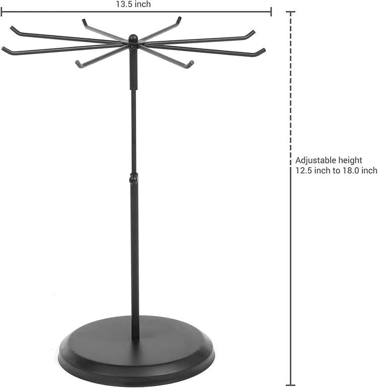 Adjustable Height 8 Hook Black Metal Jewelry Display Stand and Rotating Necklace Organizer