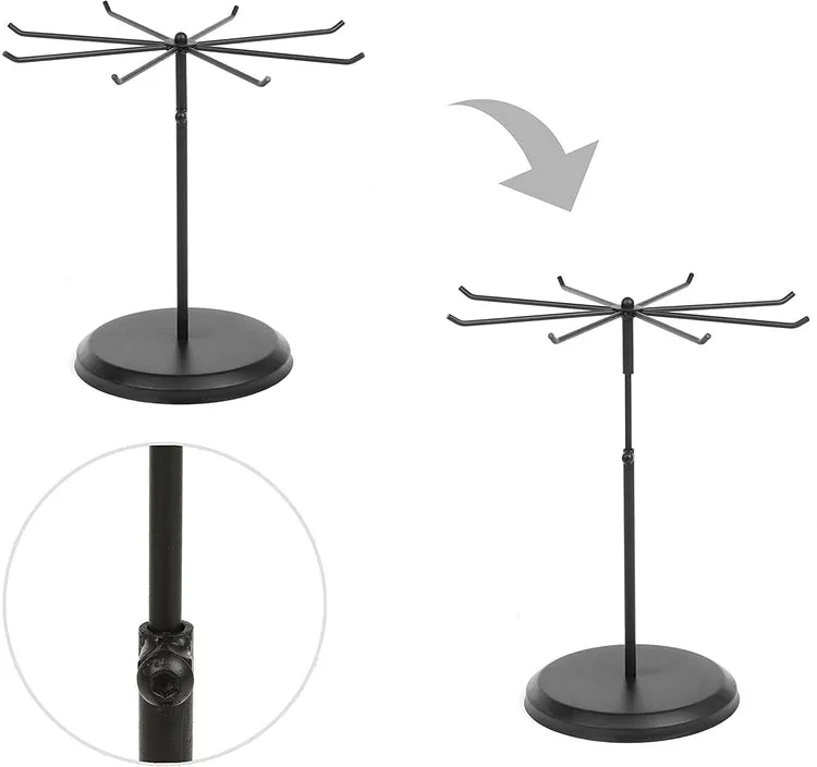 Adjustable Height 8 Hook Black Metal Jewelry Display Stand and Rotating Necklace Organizer