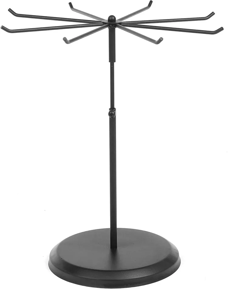 Adjustable Height 8 Hook Black Metal Jewelry Display Stand and Rotating Necklace Organizer