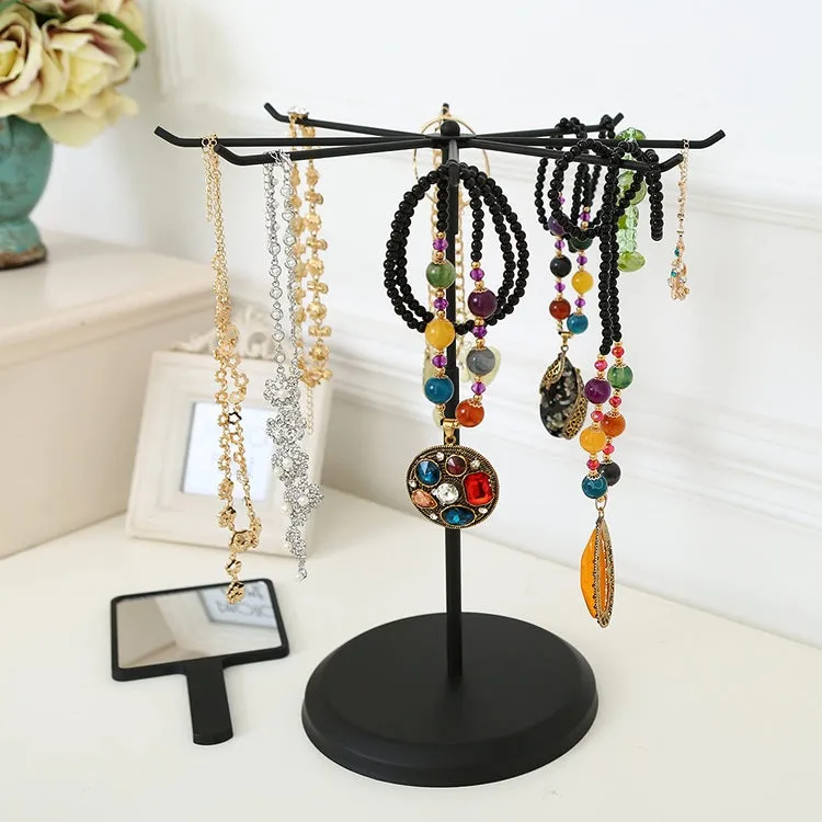 Adjustable Height 8 Hook Black Metal Jewelry Display Stand and Rotating Necklace Organizer