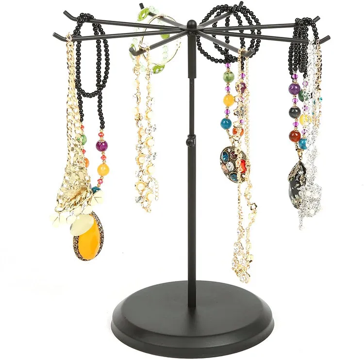 Adjustable Height 8 Hook Black Metal Jewelry Display Stand and Rotating Necklace Organizer