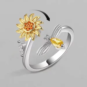 Adjustable Sunflower and Dragonfly Silver Ring