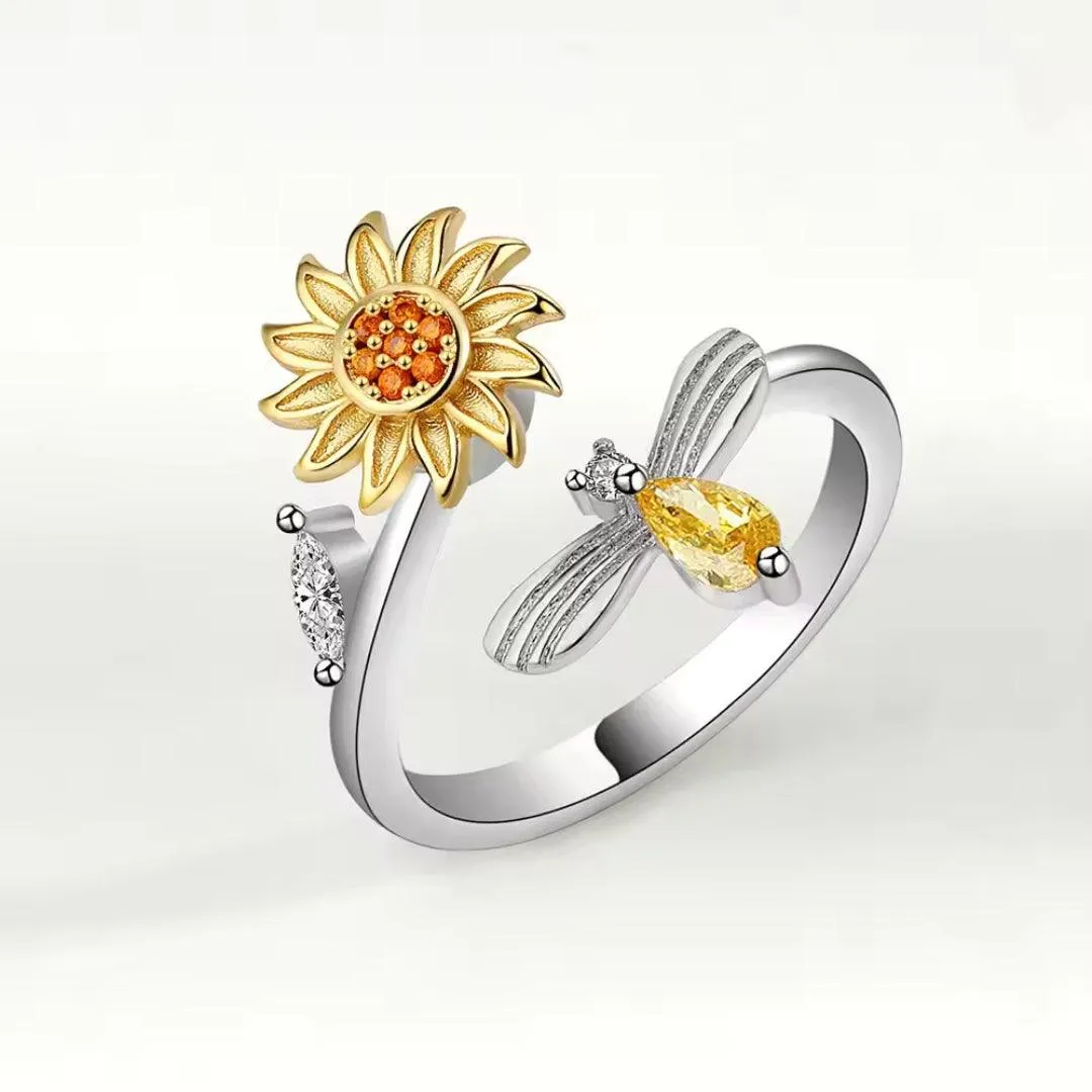 Adjustable Sunflower and Dragonfly Silver Ring