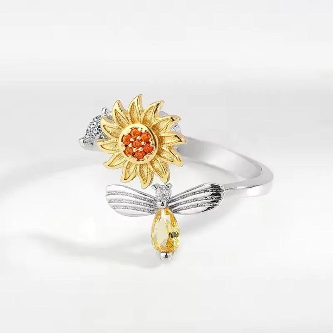 Adjustable Sunflower and Dragonfly Silver Ring