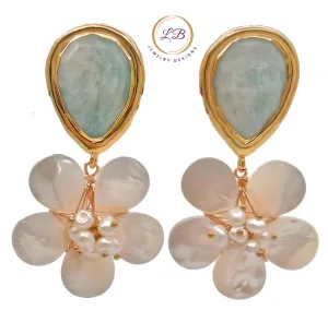 Amazonite and Pearl Gemstone Flower Statement Earrings 2.2”