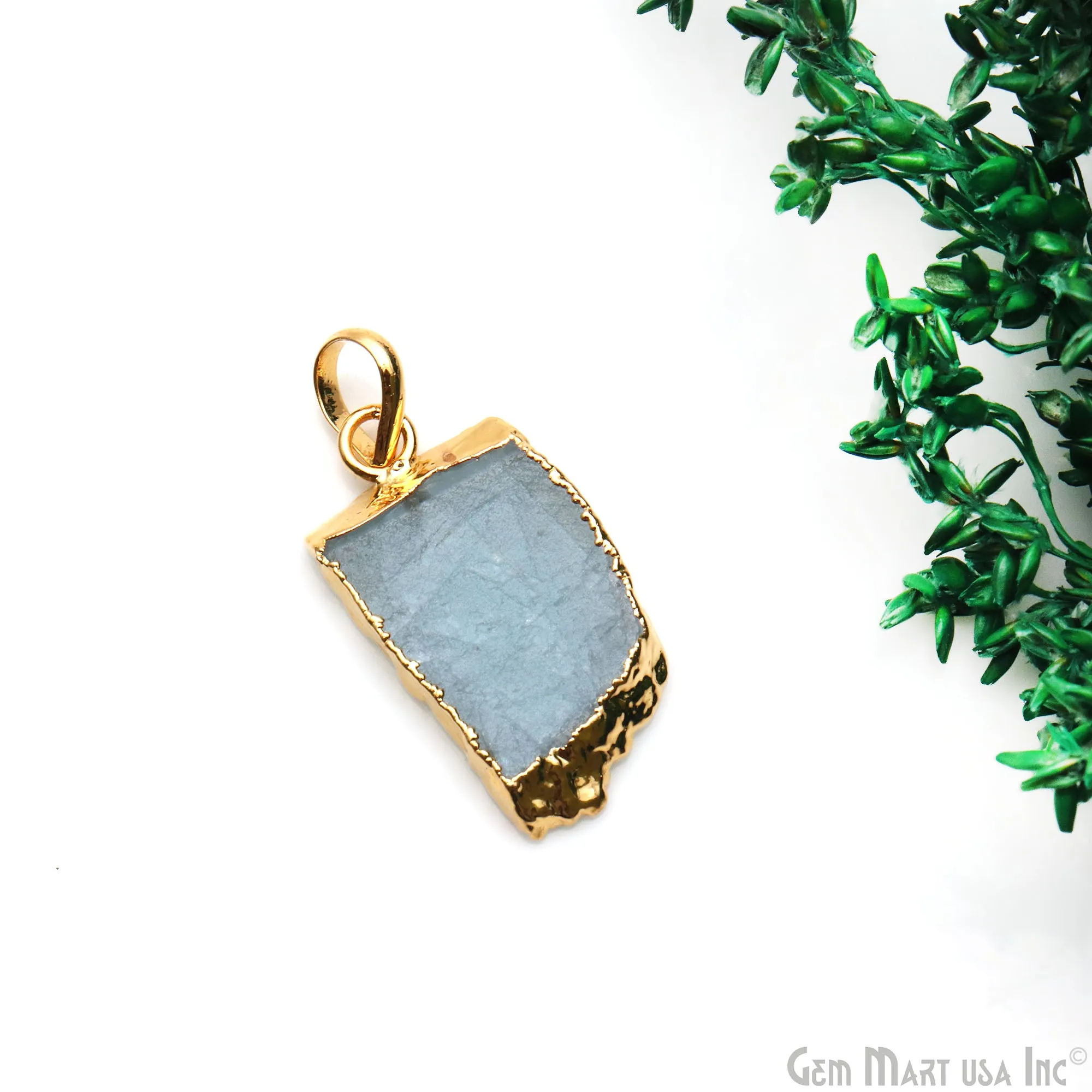 Aquamarine Free Form shape 28x15mm Gold Electroplated Gemstone Single Bail Pendant