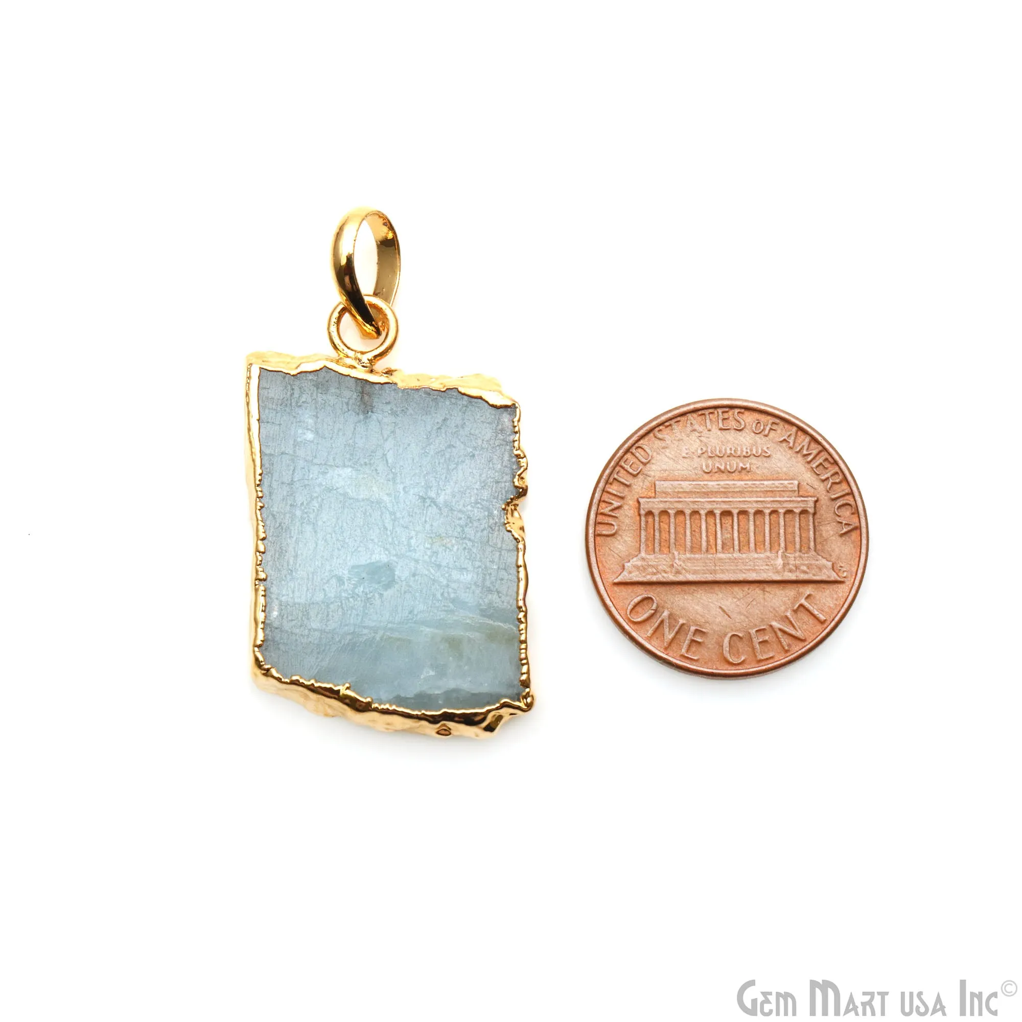 Aquamarine Free Form shape 29x18mm Gold Electroplated Gemstone Single Bail Pendant