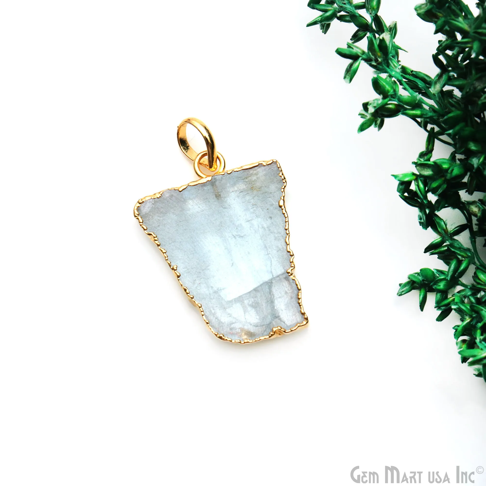 Aquamarine Free Form shape 30x23mm Gold Electroplated Gemstone Single Bail Pendant