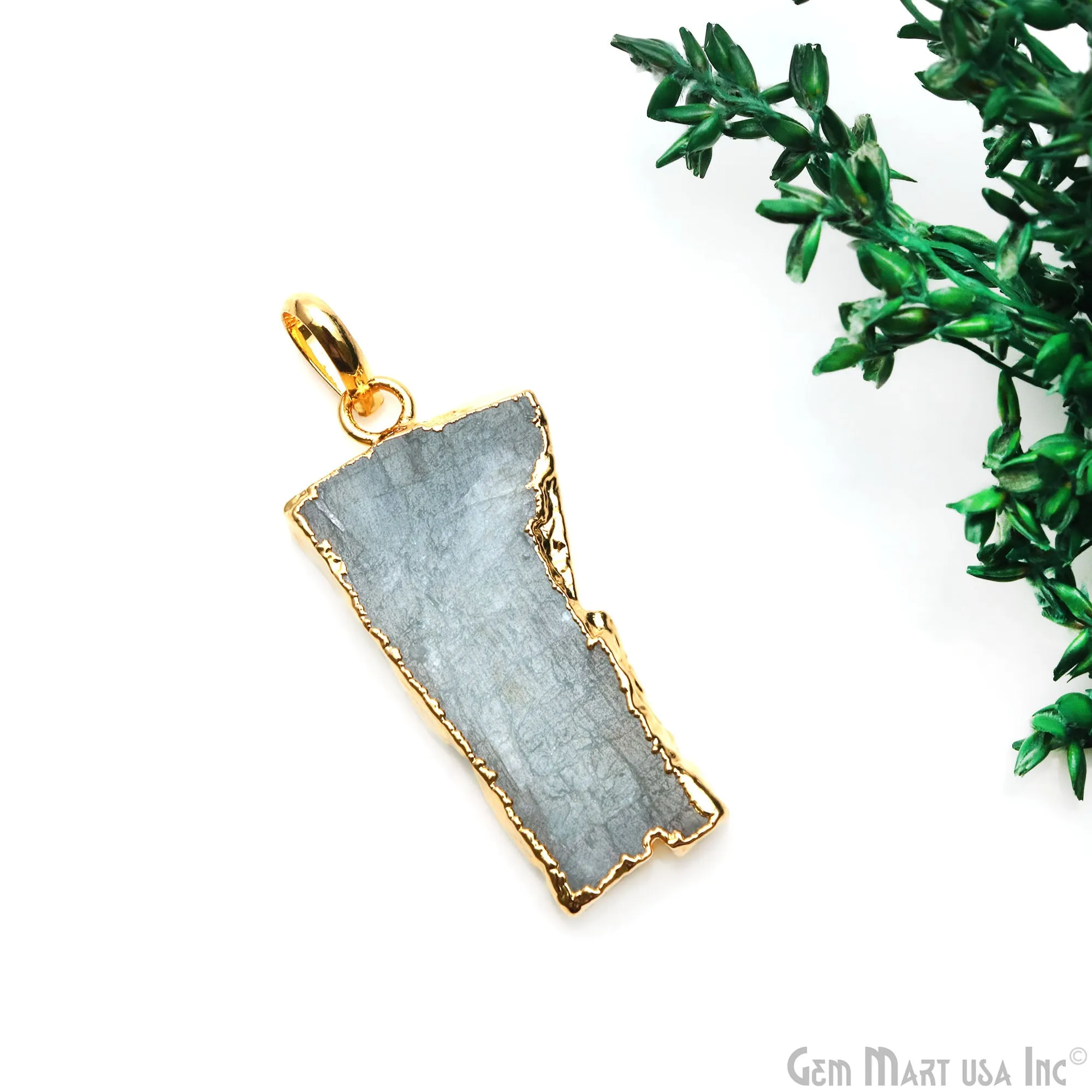 Aquamarine Free Form shape 35x16mm Gold Electroplated Gemstone Single Bail Pendant