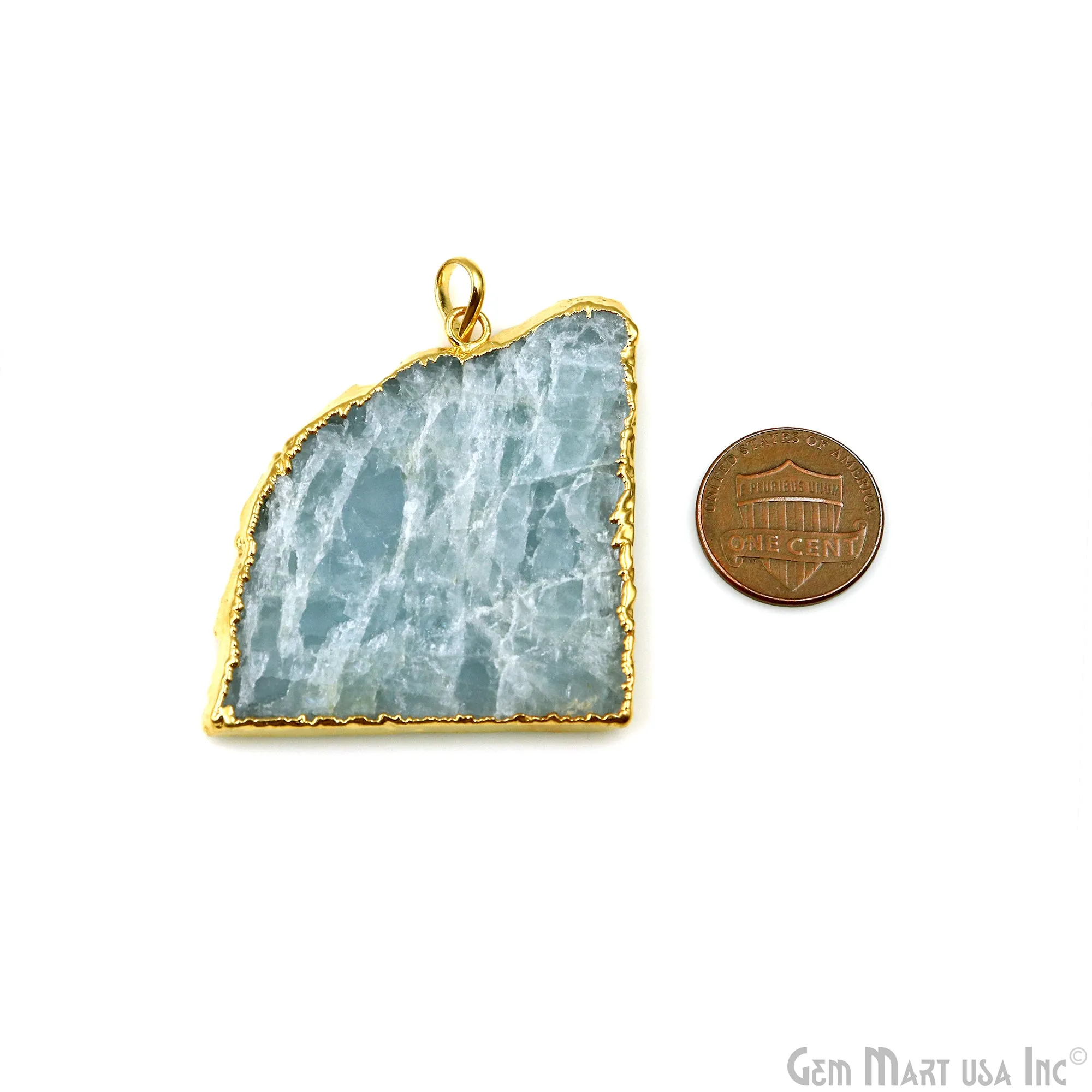 Aquamarine Free Form shape 47x40mm Gold Electroplated Gemstone Single Bail Pendant