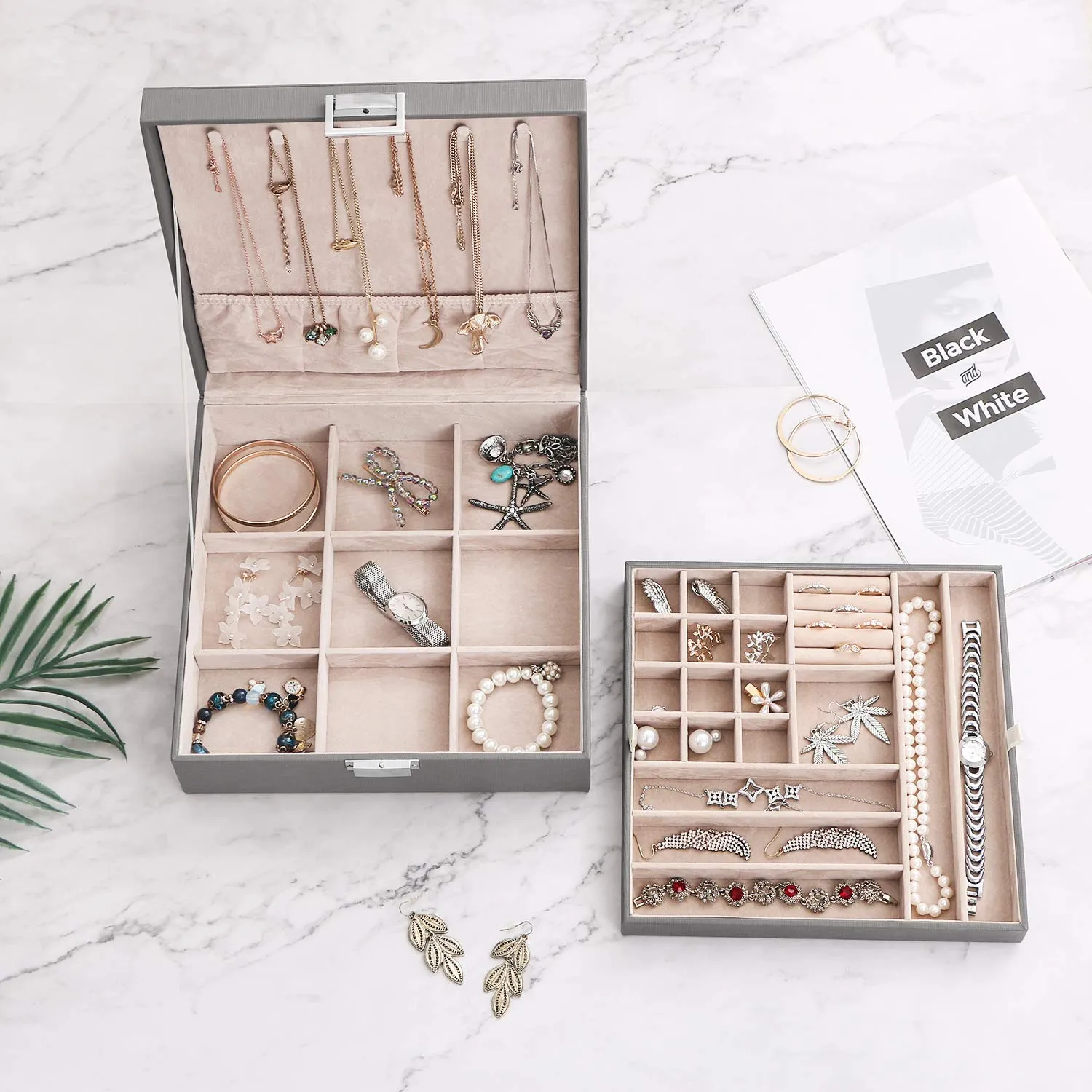 BEWISHOME Jewelry Box for Women 35 Compartments Jewelry Organizer - 6 Necklace Hooks, 2 Layers - Jewelry Boxes Display Storage Case Jewelry Holder for Girls Grey SSH71H