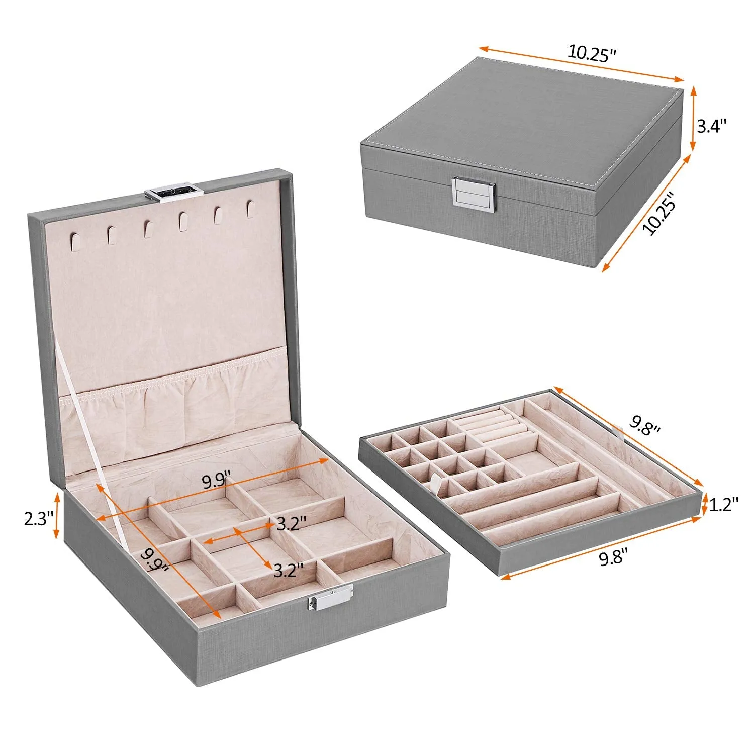 BEWISHOME Jewelry Box for Women 35 Compartments Jewelry Organizer - 6 Necklace Hooks, 2 Layers - Jewelry Boxes Display Storage Case Jewelry Holder for Girls Grey SSH71H