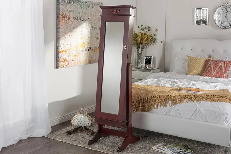 Bimini Brown Finish Wood Crown Molding Top Free Standing Full Length Cheval Mirror Jewelry Armoire