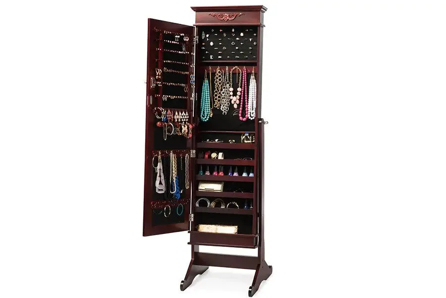 Bimini Brown Finish Wood Crown Molding Top Free Standing Full Length Cheval Mirror Jewelry Armoire