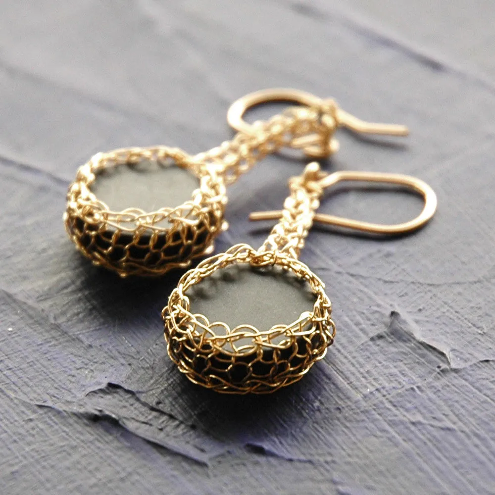 Black Onyx Earrings , Onyx Coins Set nested in Crocheted Gold