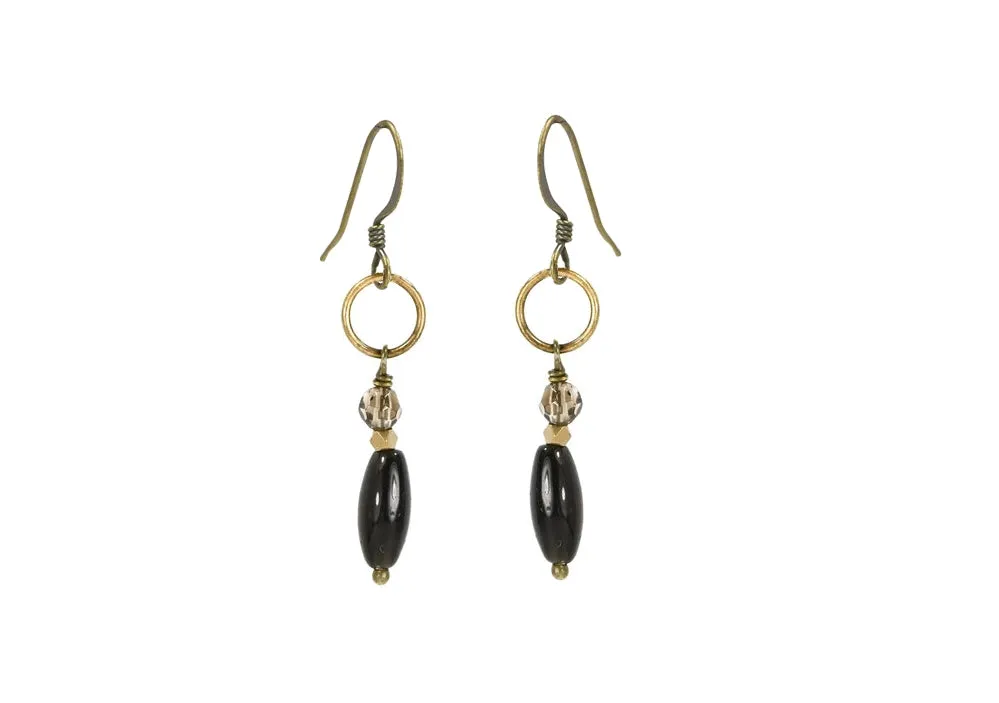 Black Onyx with Smoky Quartz Circle Dainty Earrings