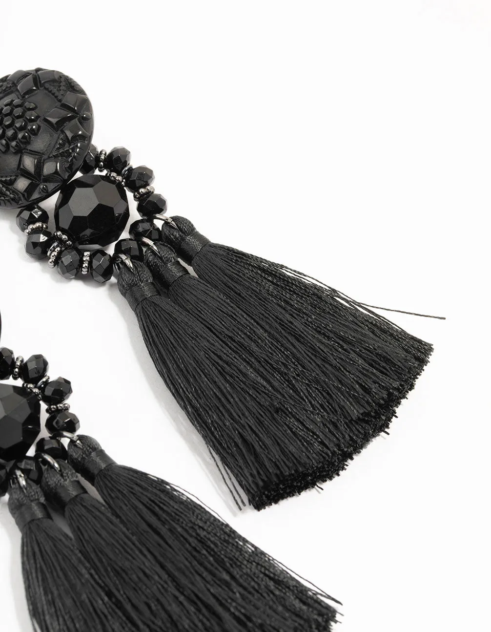 Black Tassel Fabric Large Drop Earrings