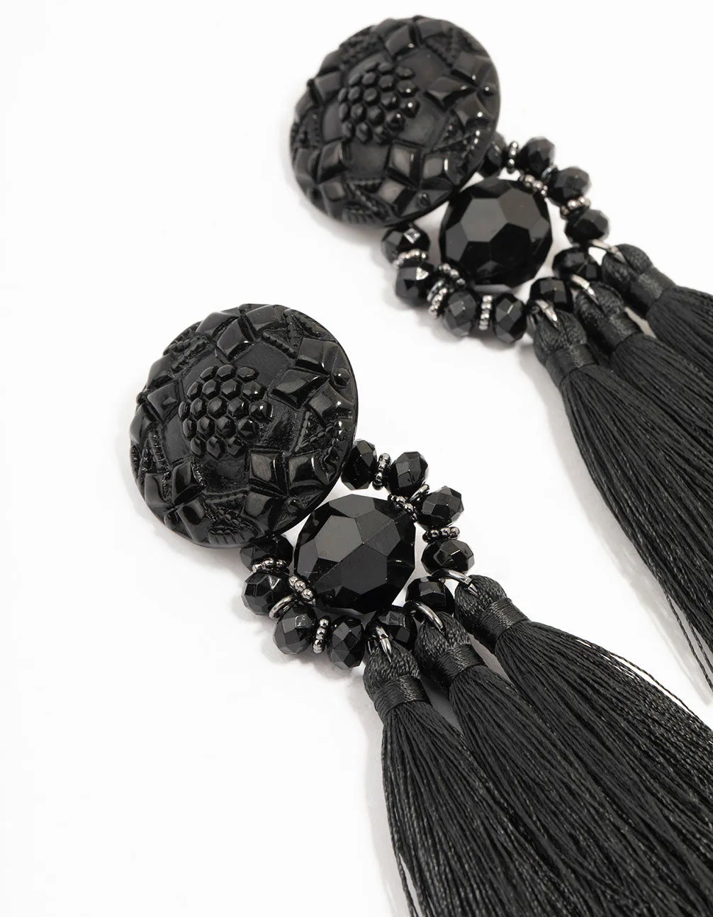 Black Tassel Fabric Large Drop Earrings