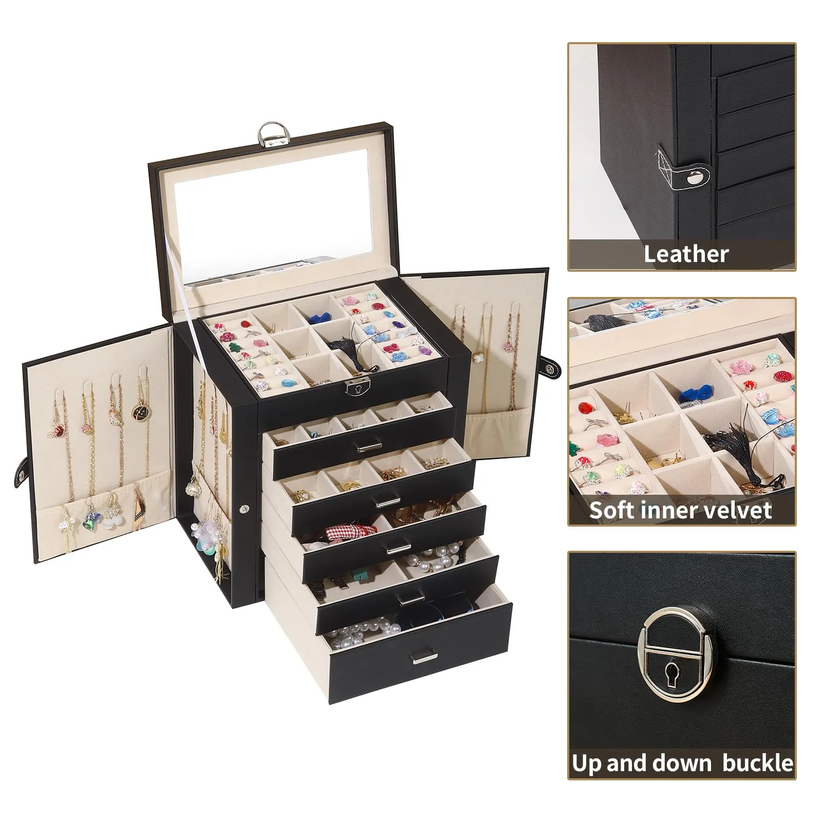 BOOVO Jewelry Box For women, 6 Layer Large Jewelry Organizer With Mirror, Multi-Function Storage Box With Lock, Accessory Holder With 5 Drawers, For Earrings Necklace Ring Bracelet (Black)