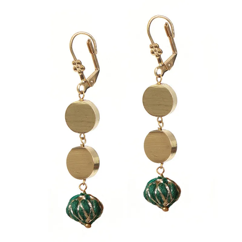 Brass Bud Earrings for Women | Green & Golden | Cotton Thread