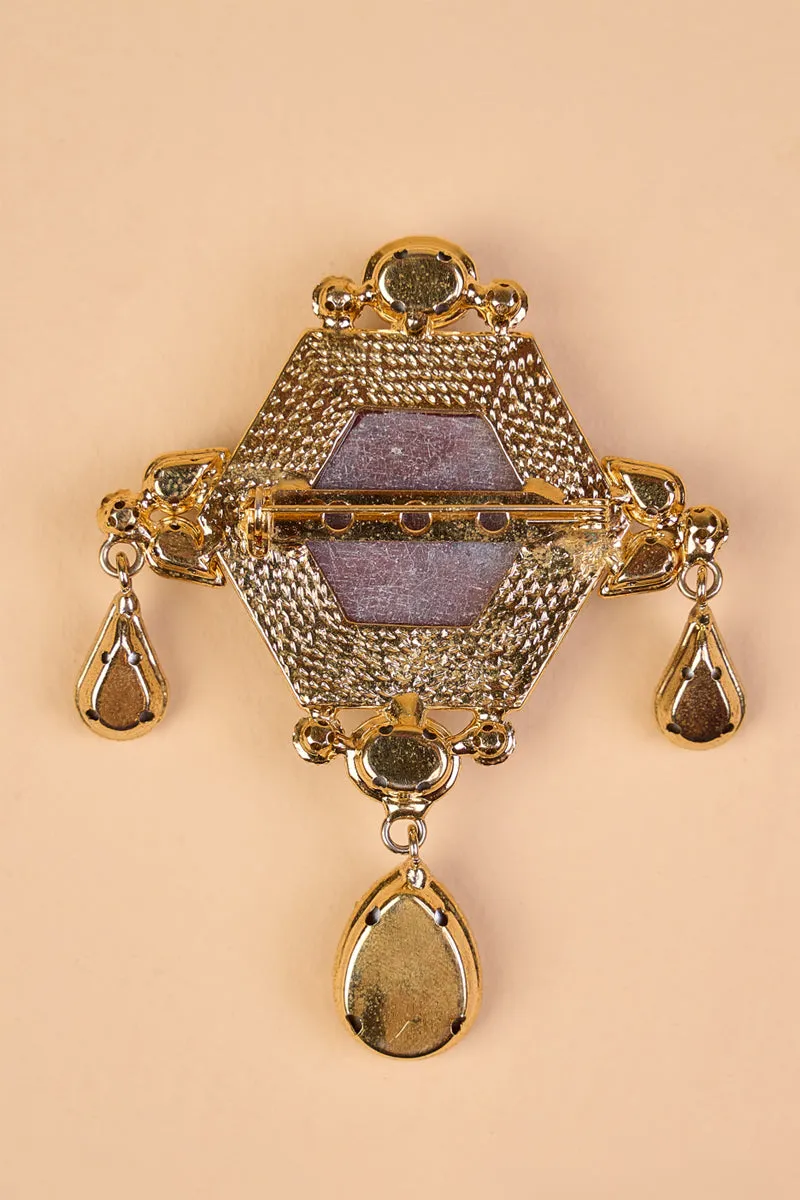 Brown Resin Stone Brooch With Drop Crystals