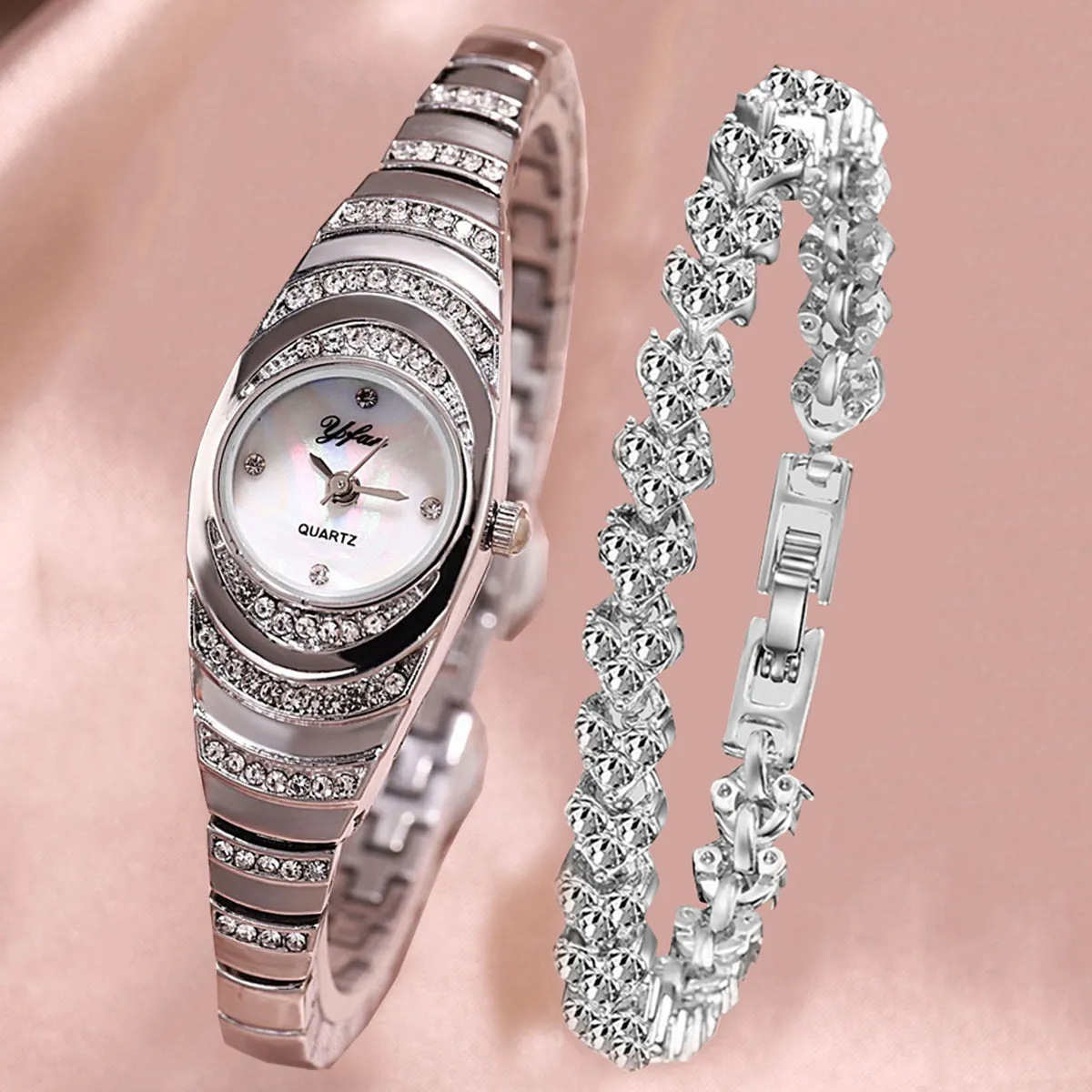 Business All-Match Luxury Diamond-Embedded Starry Sky Elegant Quartz Watch Set with Diamond Hands