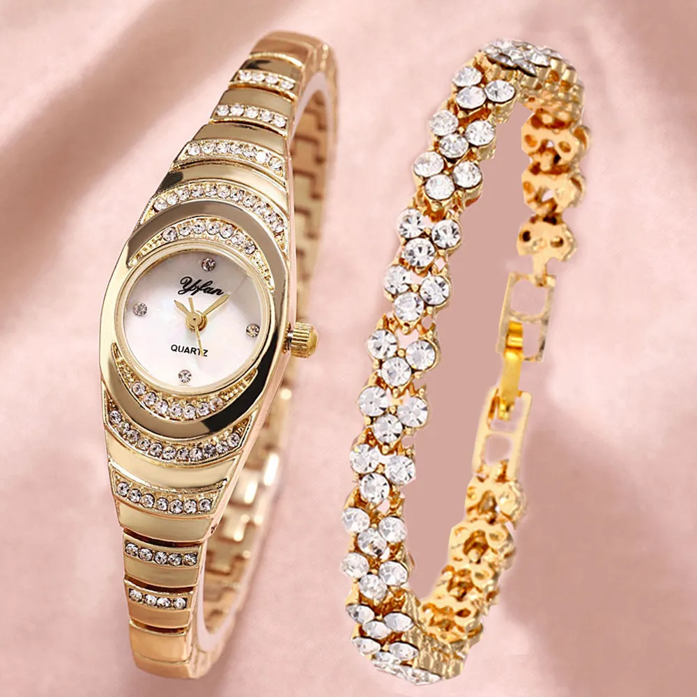 Business All-Match Luxury Diamond-Embedded Starry Sky Elegant Quartz Watch Set with Diamond Hands