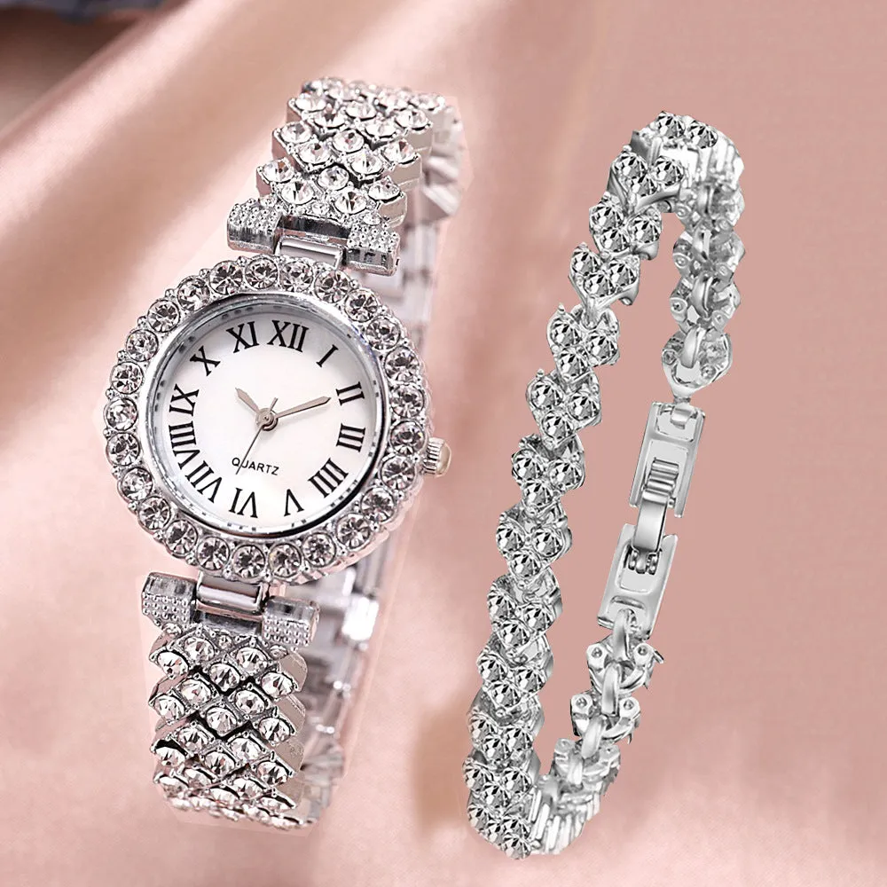 Business All-Match Luxury Diamond-Embedded Starry Sky Elegant Quartz Watch Set with Diamond Hands